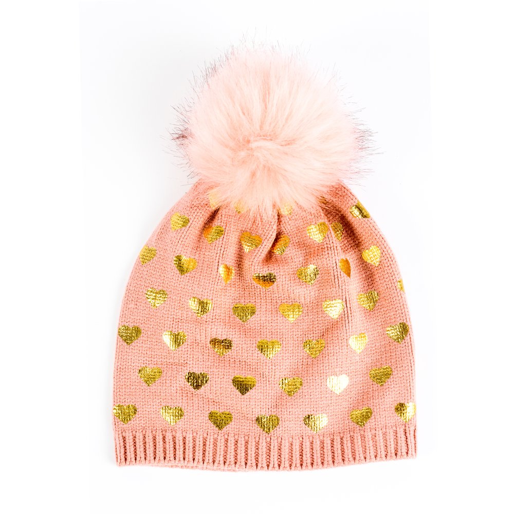  Mini Foil Print Heart Faux Fur Pom Beanie - Blush - Bonton