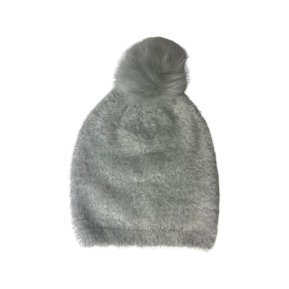  Tinsel Yarn Faux Fur Pom Beanie - Silver - Bonton