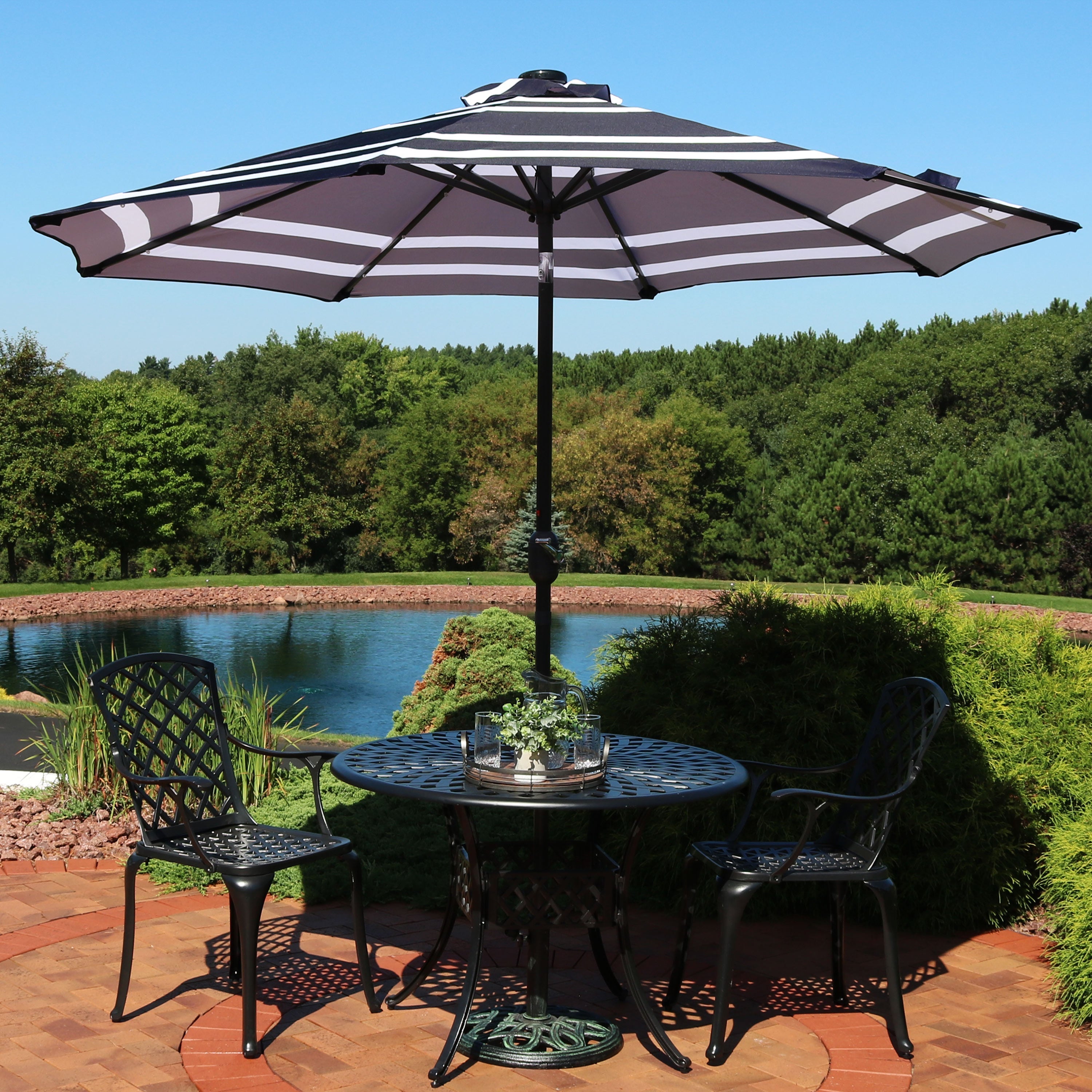  Sunnydaze Decor Pool Patio Umbrella with Solar LED Lights, Tilt, and Crank - 9' - Awning Stripe - Bonton