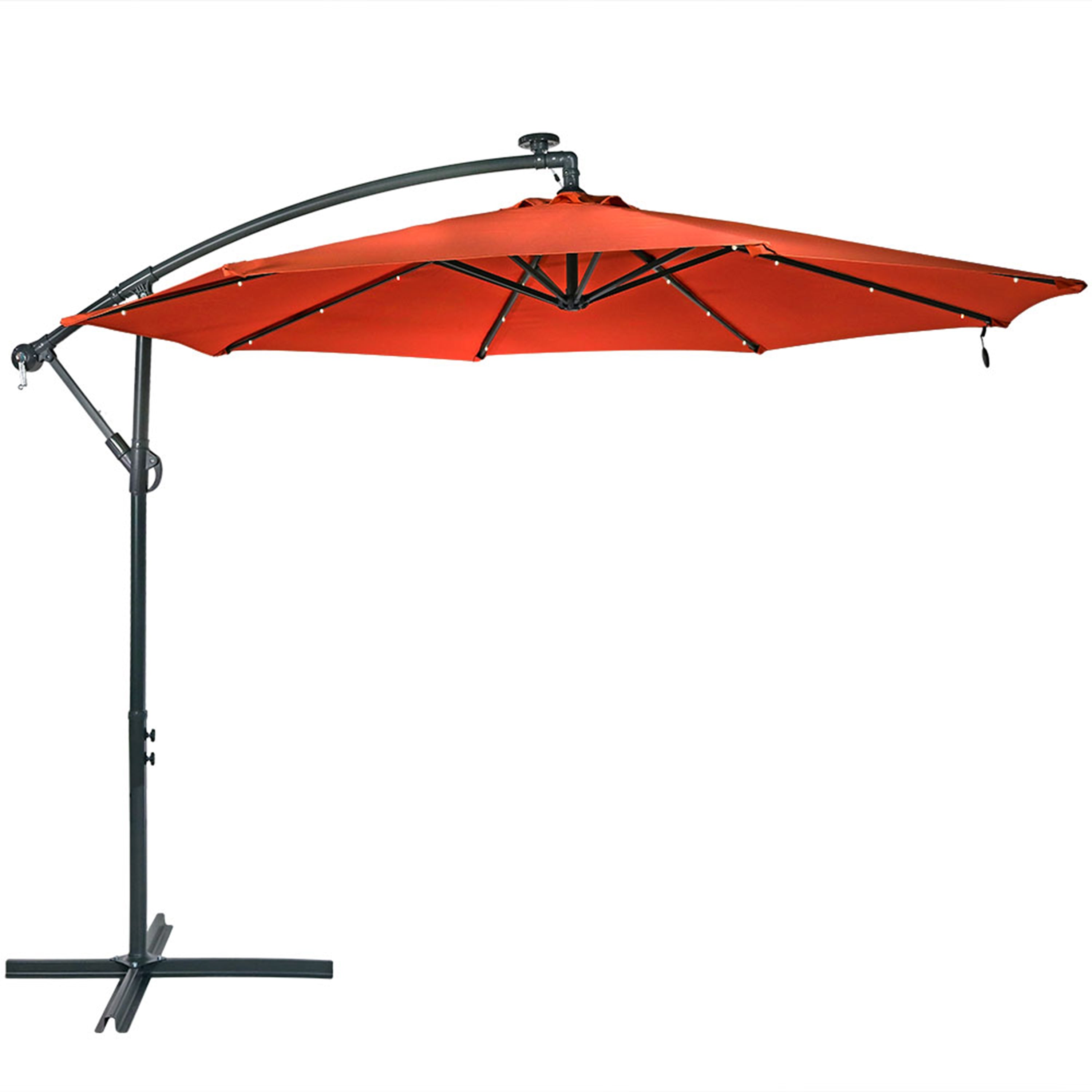  Sunnydaze Decor Steel Solar Light Offset Cantilever Patio Umbrella with Crank and Base - 10' - Brown - Bonton