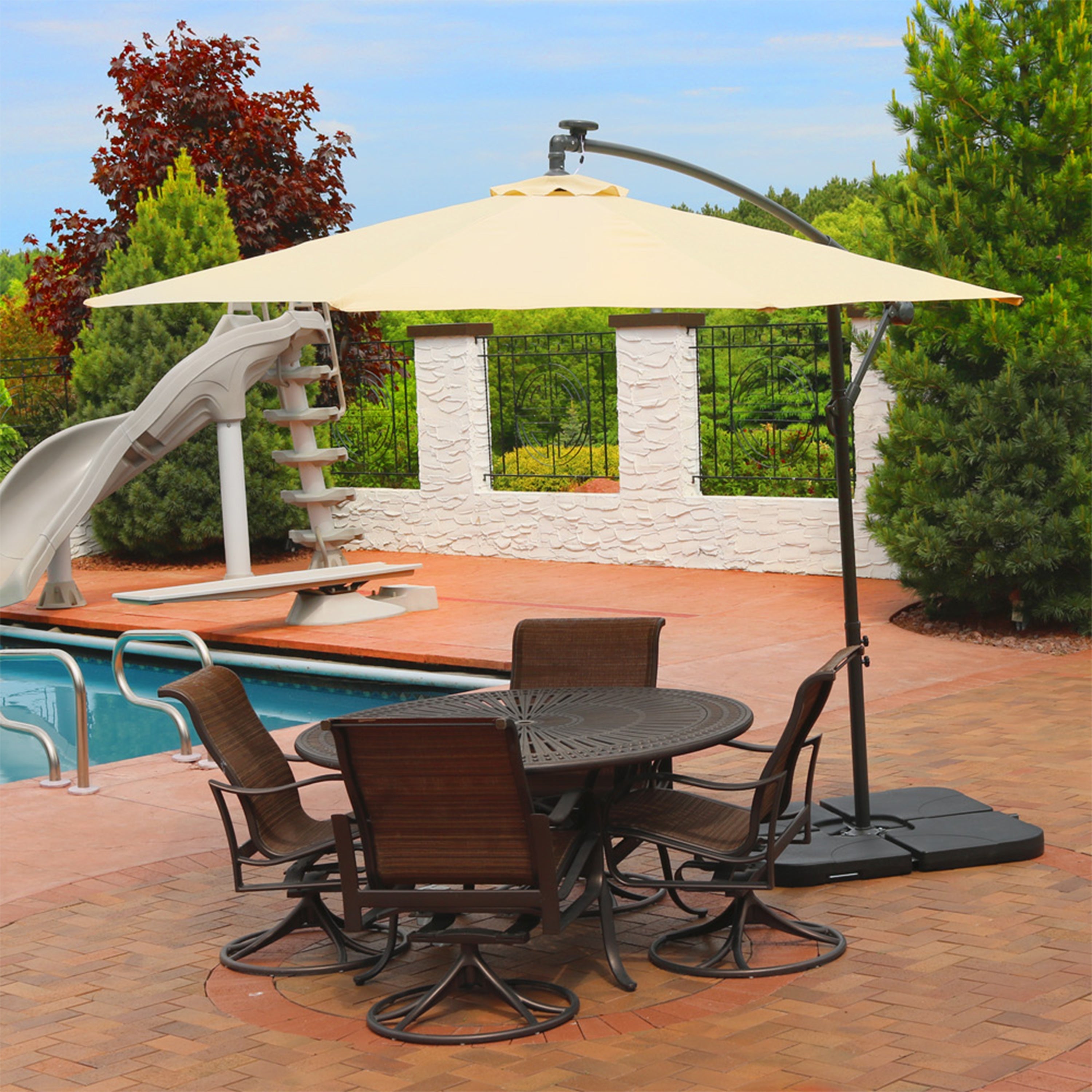  Sunnydaze Decor Steel Solar Light Offset Cantilever Patio Umbrella with Crank and Base - 10' - Brown - Bonton