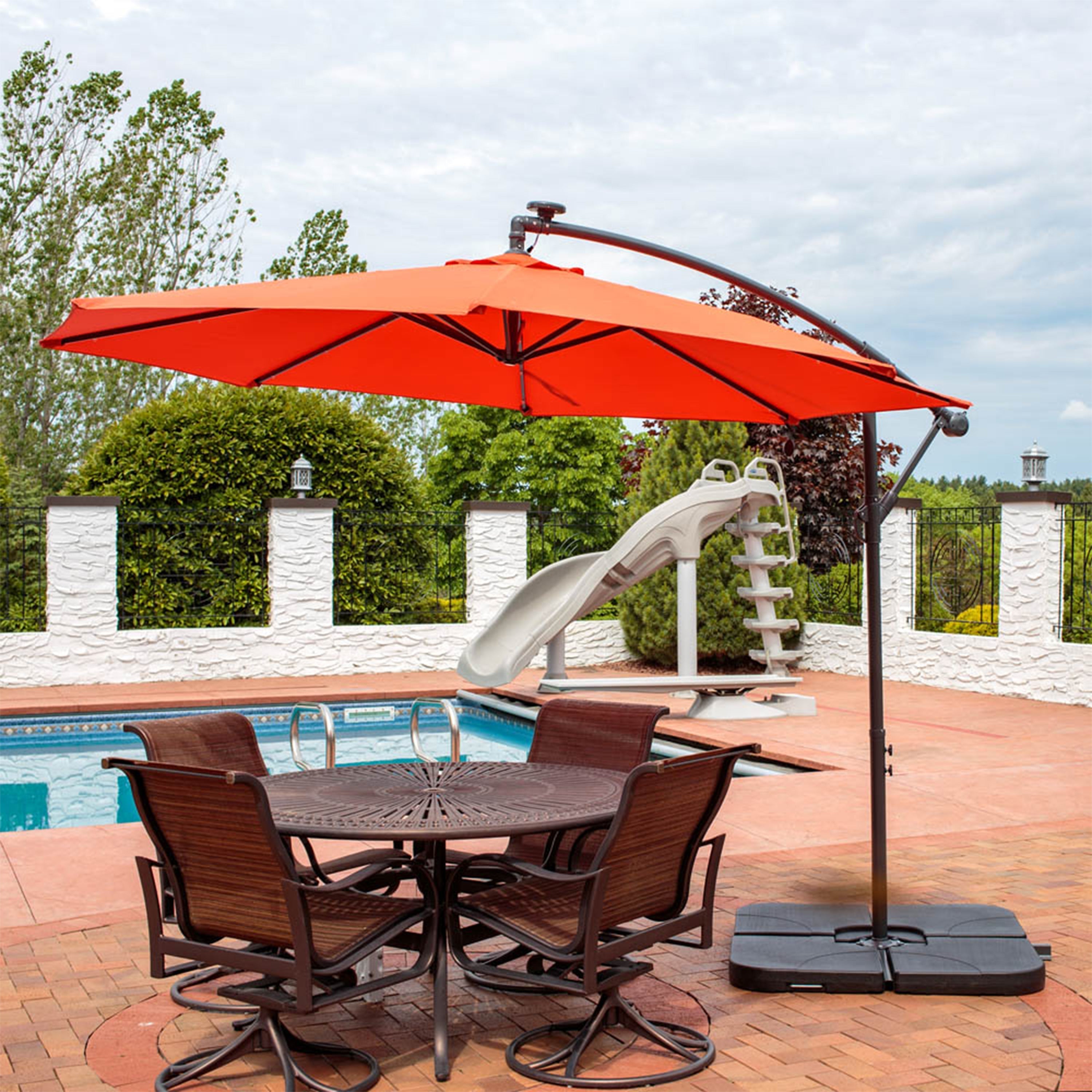  Sunnydaze Decor Steel Solar Light Offset Cantilever Patio Umbrella with Crank and Base - 10' - Burnt Orange - Bonton