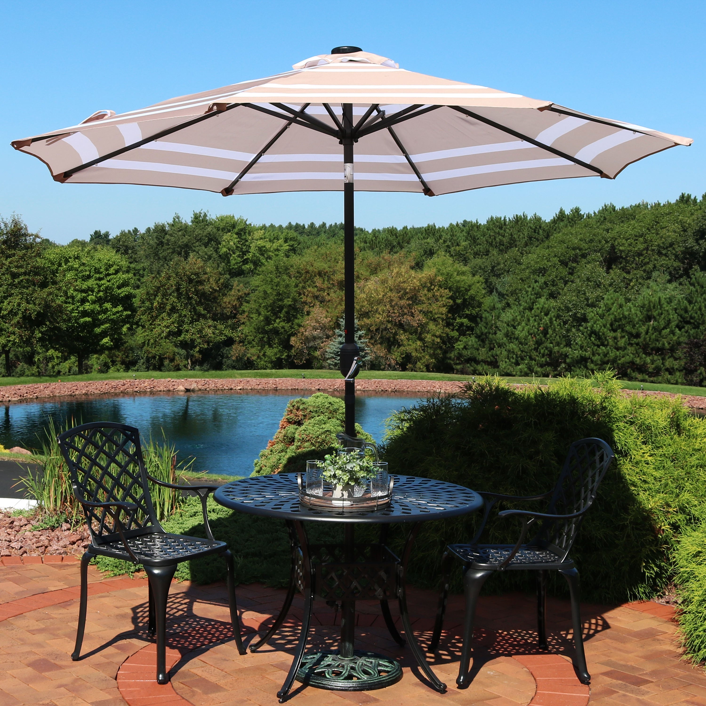  Sunnydaze Decor Pool Patio Umbrella with Solar LED Lights, Tilt, and Crank - 9' - Awning Stripe - Bonton