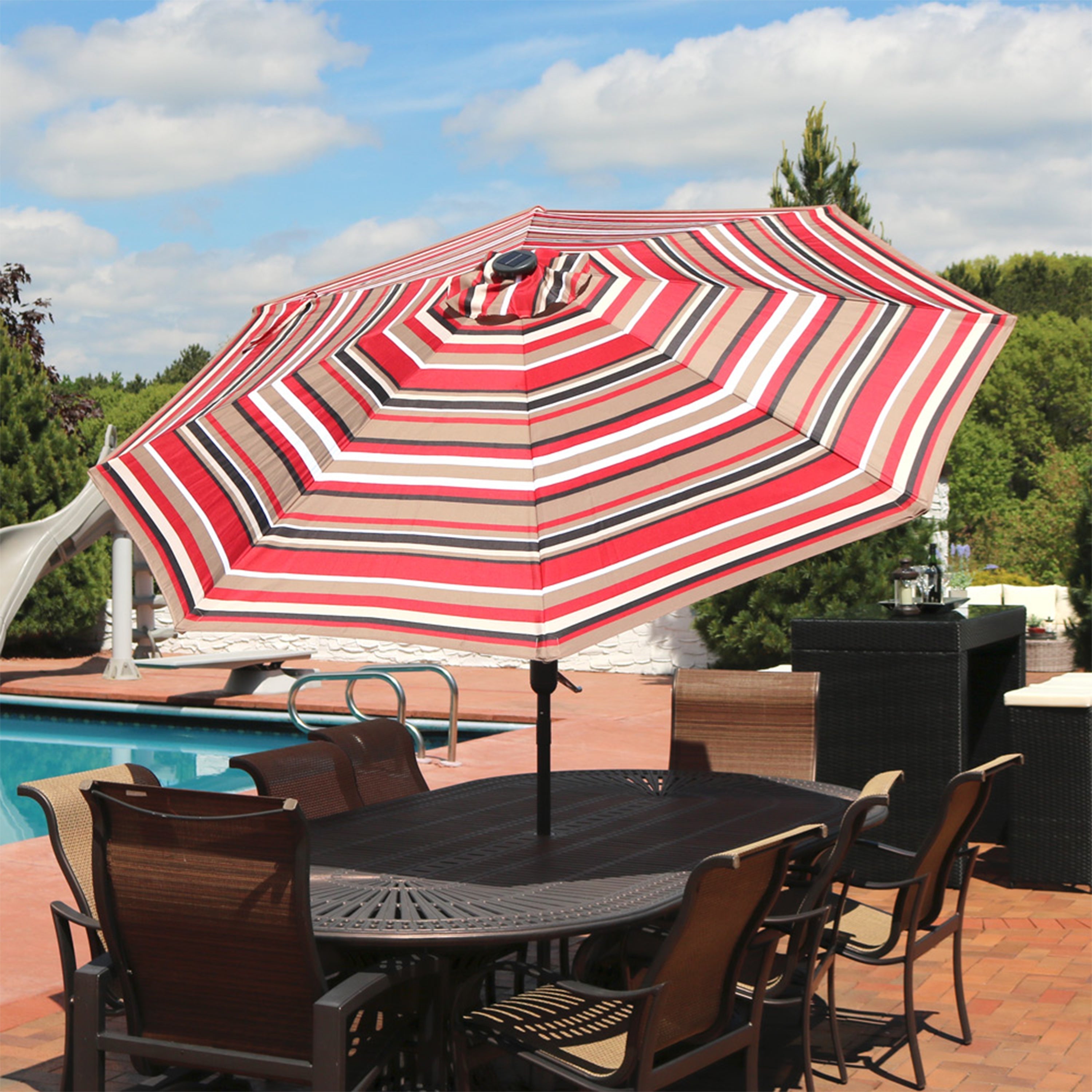  Sunnydaze Decor Pool Patio Umbrella with Solar LED Lights, Tilt, and Crank - 9' - Awning Stripe - Bonton