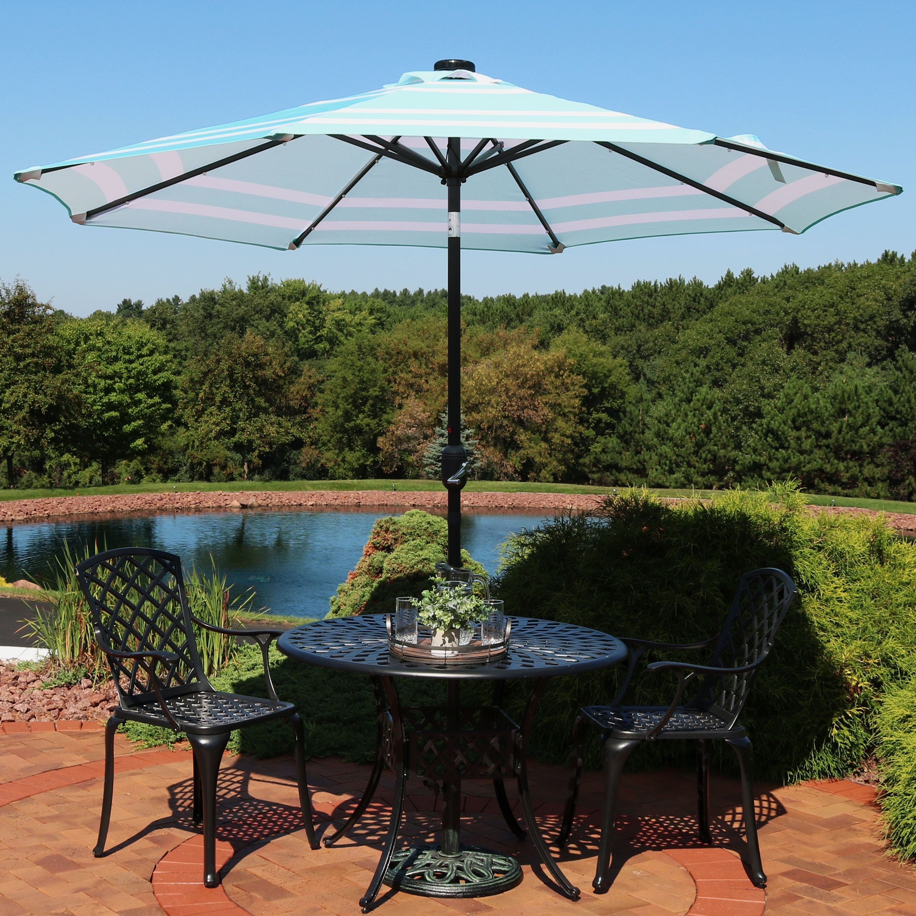  Sunnydaze Decor Pool Patio Umbrella with Solar LED Lights, Tilt, and Crank - 9' - Awning Stripe - Bonton