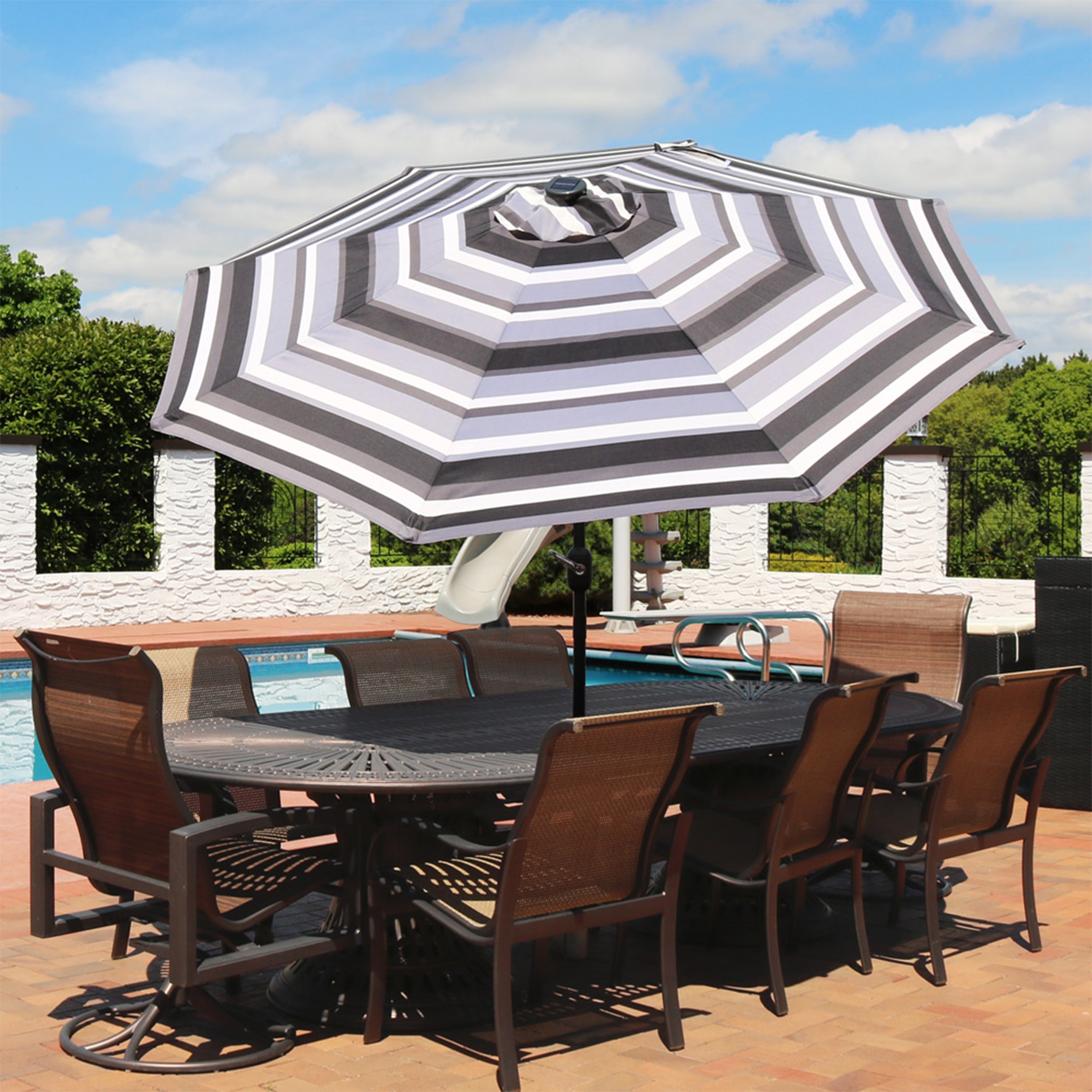  Sunnydaze Decor Pool Patio Umbrella with Solar LED Lights, Tilt, and Crank - 9' - Catalina Beach Stripe - Bonton