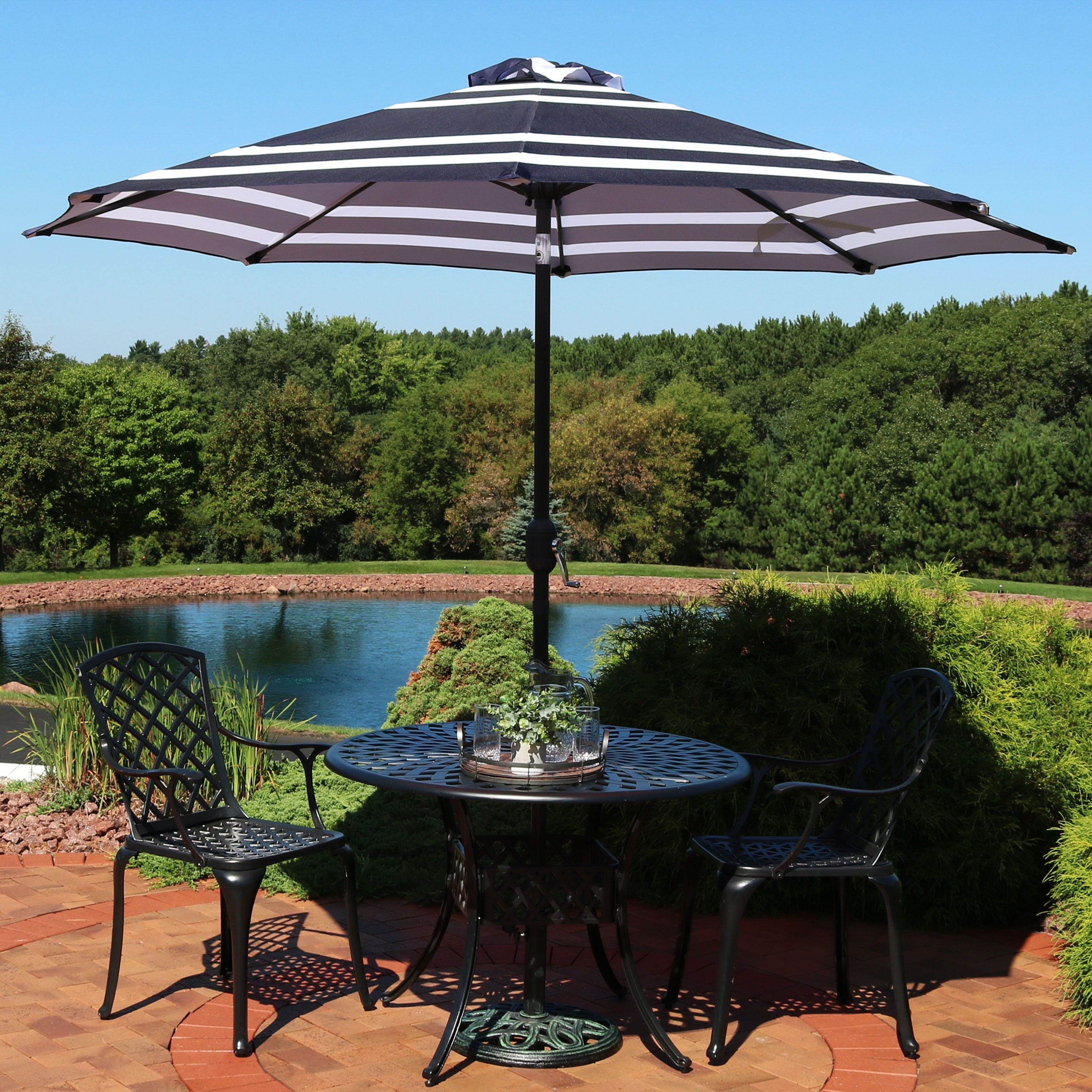  Sunnydaze Decor Navy Stripe Aluminum Patio Umbrella, Tilt & Crank - 9' - Navy Blue Stripe - Bonton