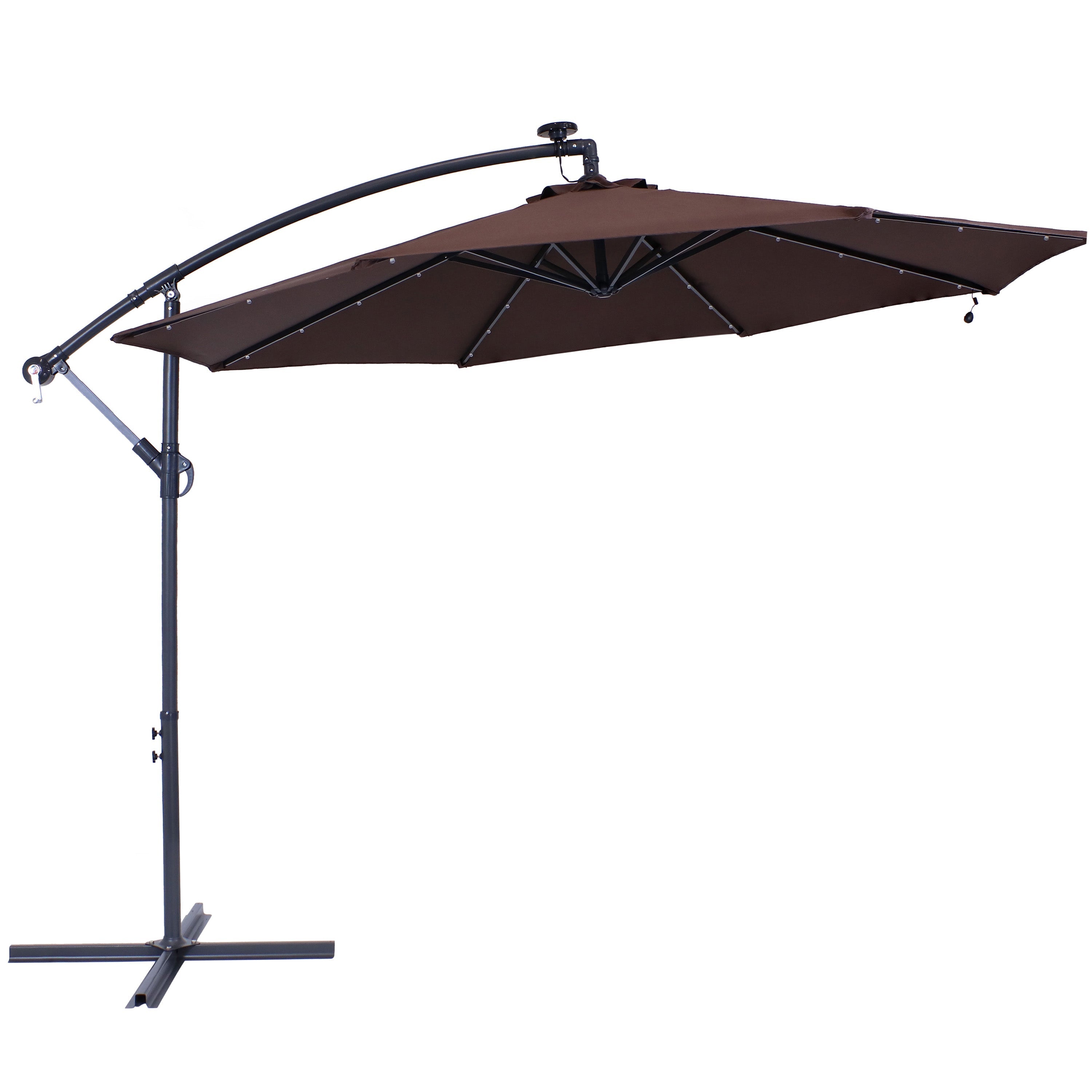  Sunnydaze Decor Steel Solar Light Offset Cantilever Patio Umbrella with Crank and Base - 10' - Brown - Bonton