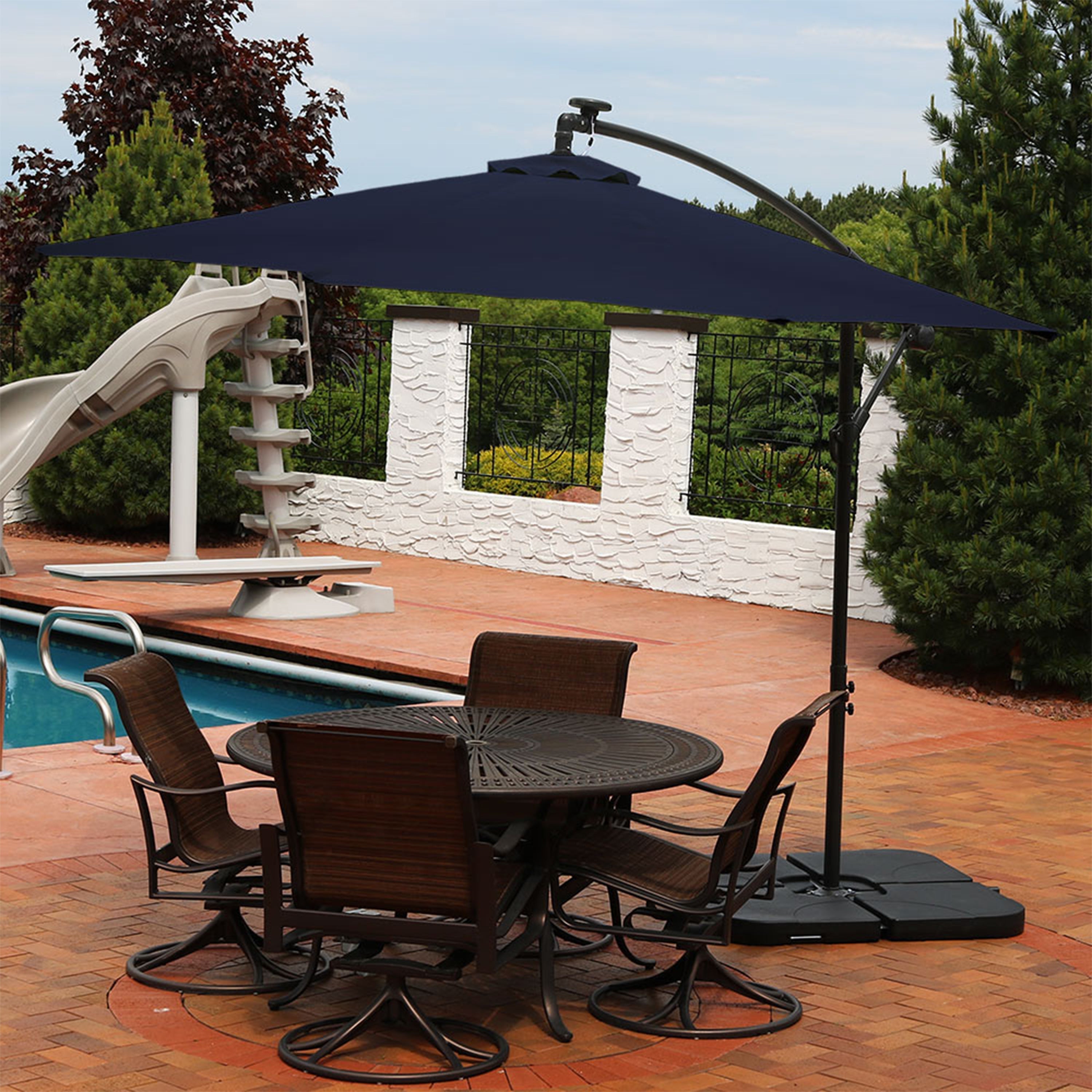  Sunnydaze Decor Steel Solar Light Offset Cantilever Patio Umbrella with Crank and Base - 10' - Brown - Bonton