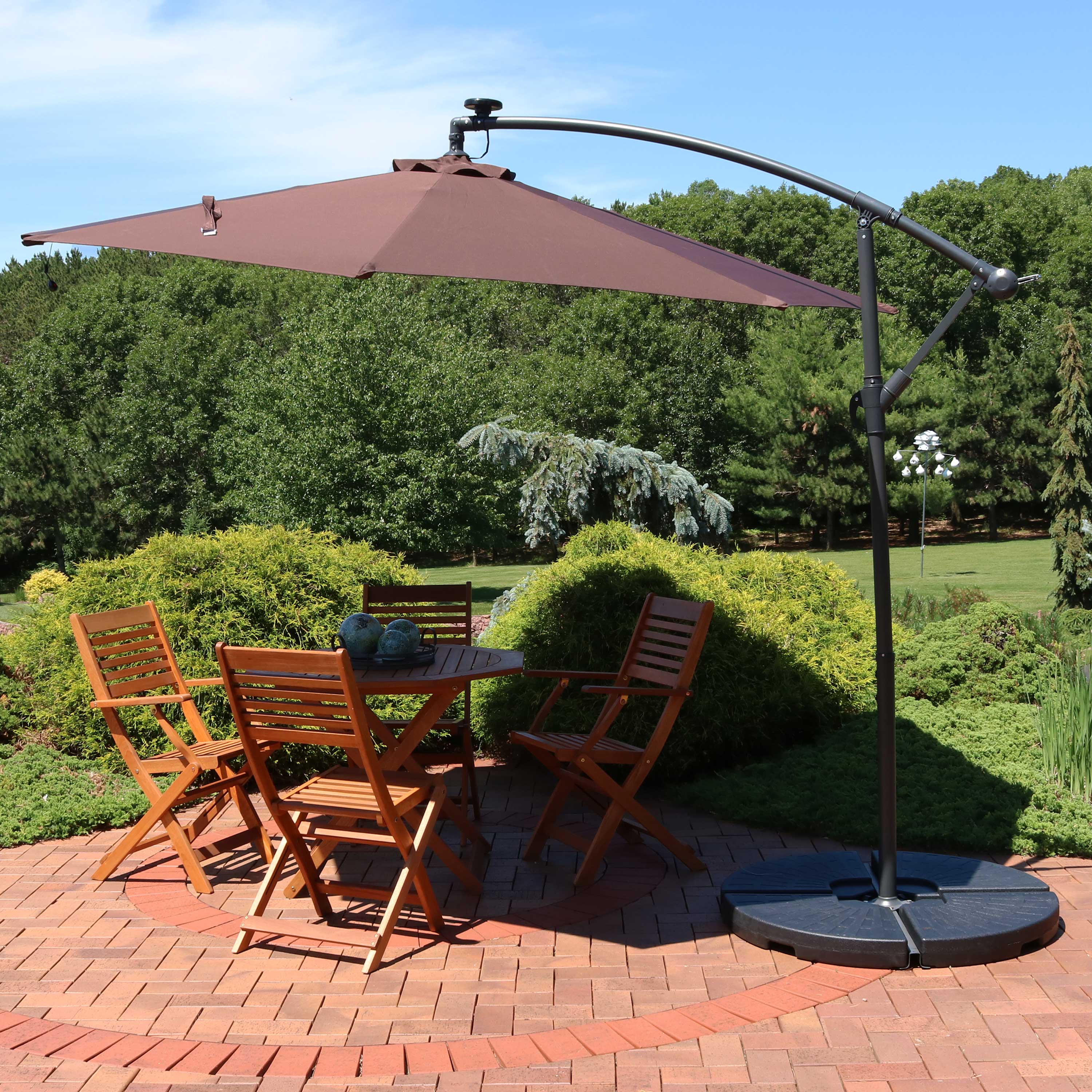  Sunnydaze Decor Steel Solar Light Offset Cantilever Patio Umbrella with Crank and Base - 10' - Brown - Bonton