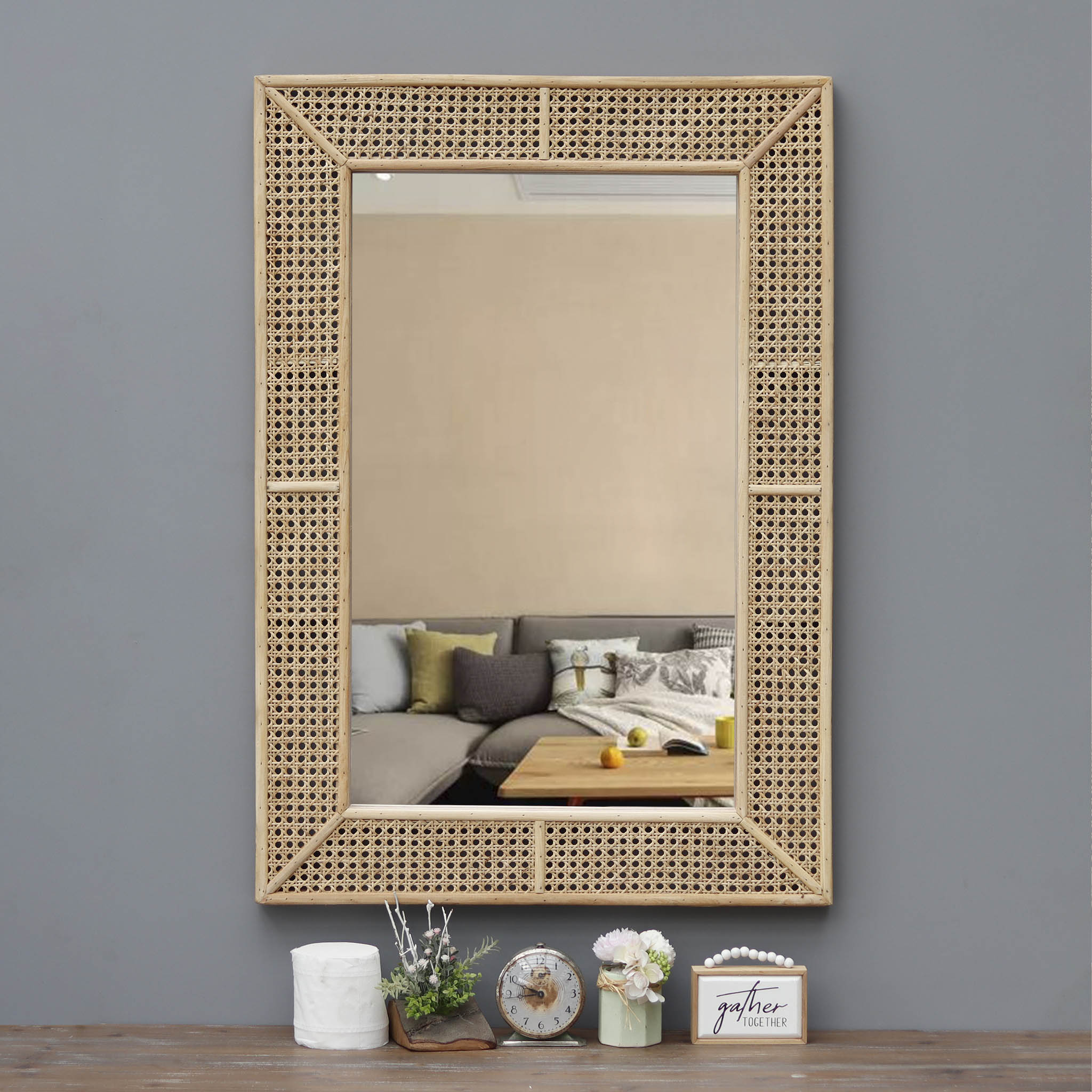  Paris Loft Rectangle Boho Decorative Rattan Wall Mirror - Natural Wood - Bonton