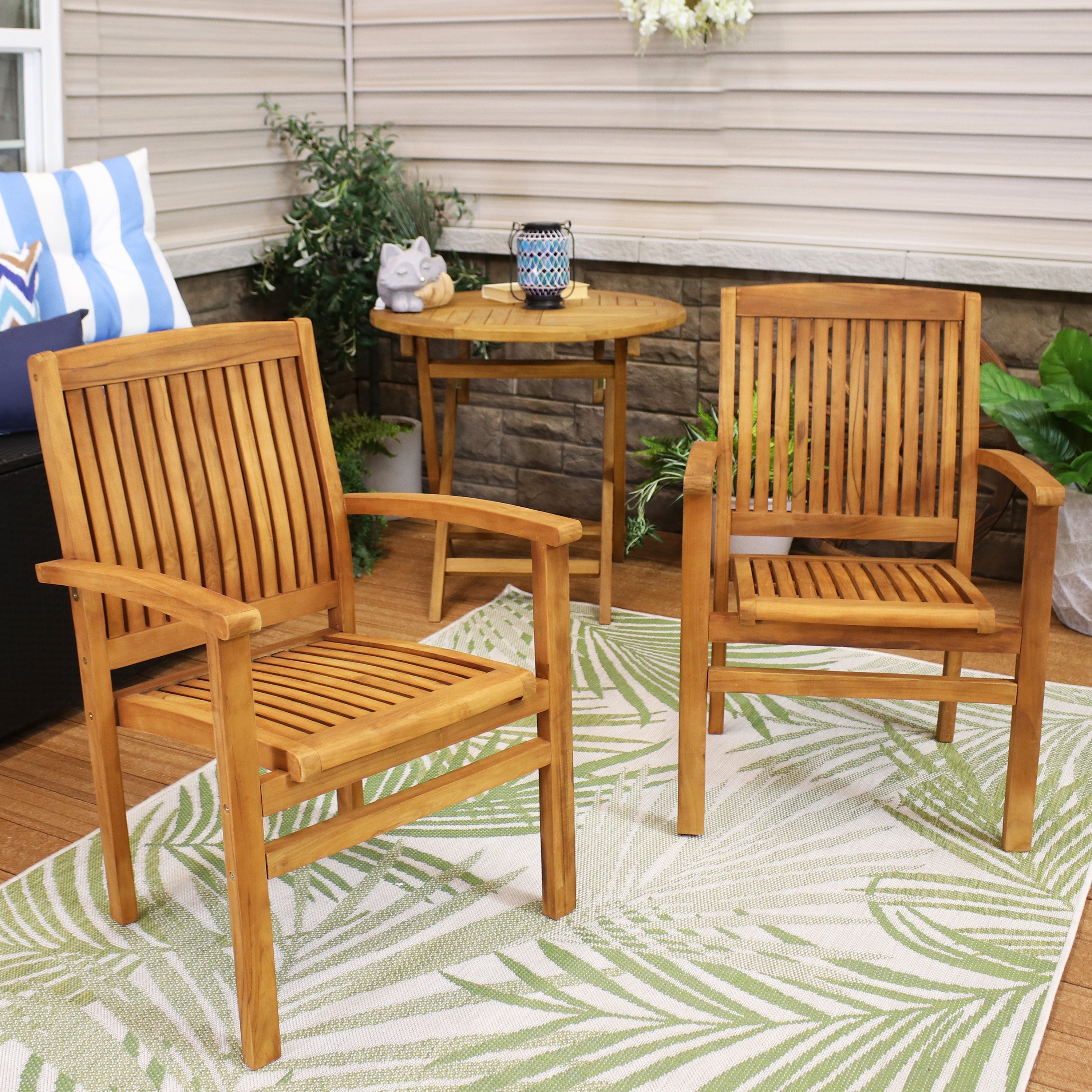  Sunnydaze Decor Solid Teak Wood Slat-Back Patio Dining Armchair 2 - Light Brown - Bonton