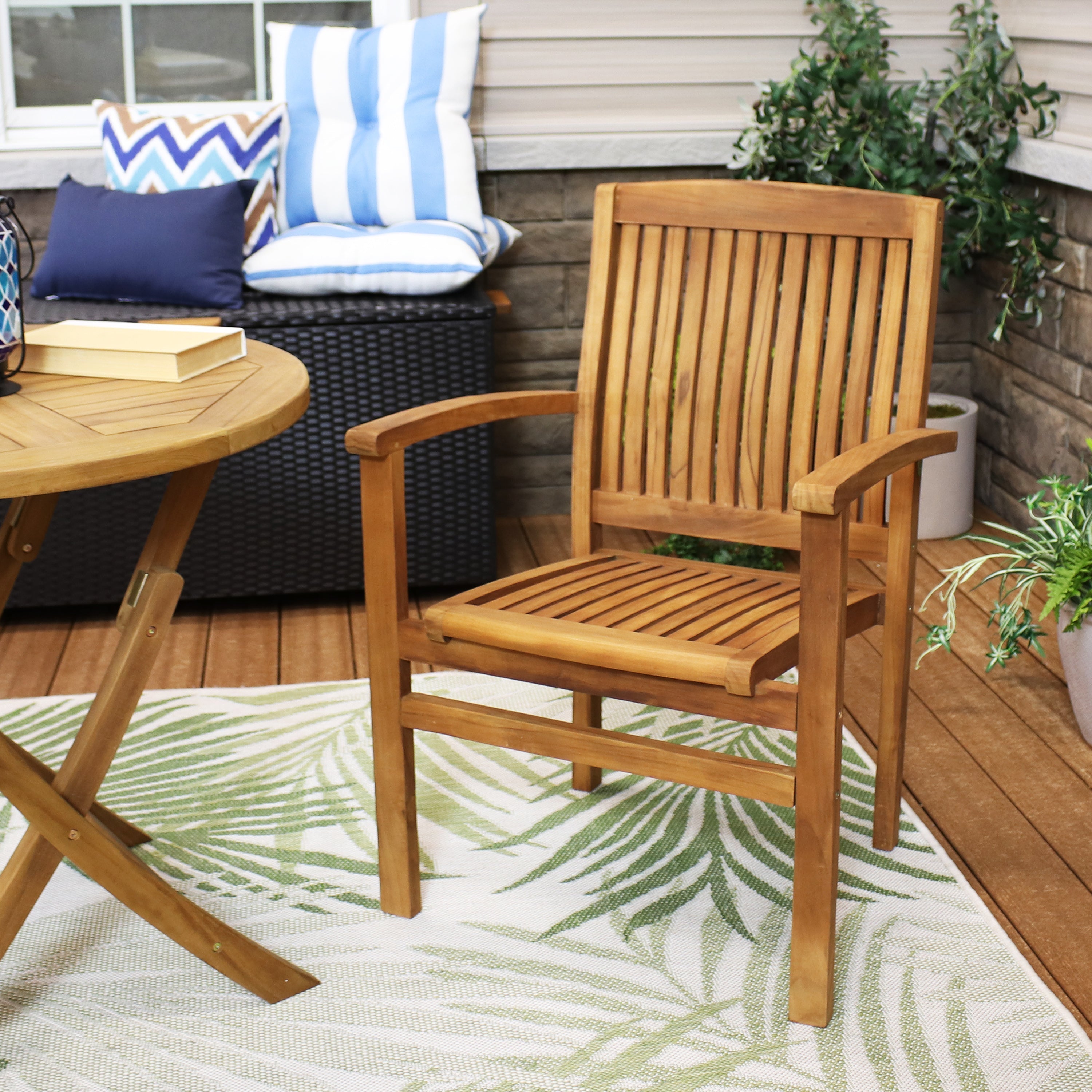  Sunnydaze Decor Solid Teak Wood Slat-Back Patio Dining Armchair - Light Brown - Bonton