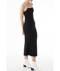 Jan Square Neck Contrast White Piping Midi Dress Black