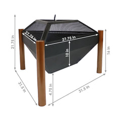 Camping or Backyard Steel Triangle Fire Pit with Wood Grate, Log Poker, and Spark Screen - 31" - Copper Finish