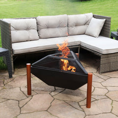 Camping or Backyard Steel Triangle Fire Pit with Wood Grate, Log Poker, and Spark Screen - 31" - Copper Finish