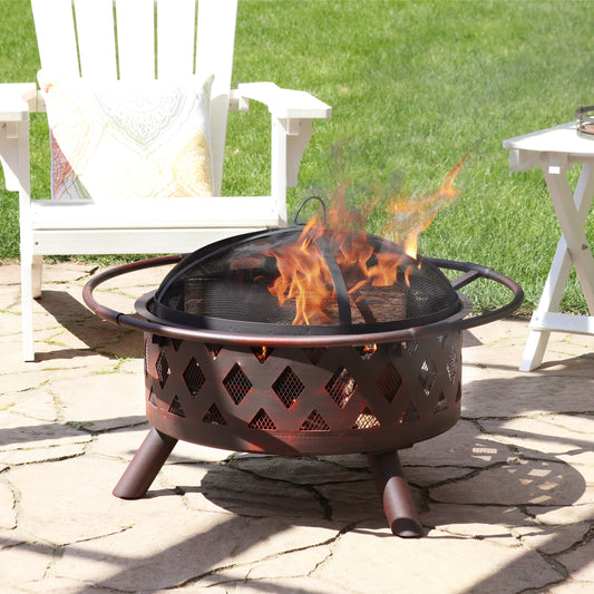 Crossweave Cut Out Fire Pit with Spark Screen, Log Poker, and Metal Wood Grate