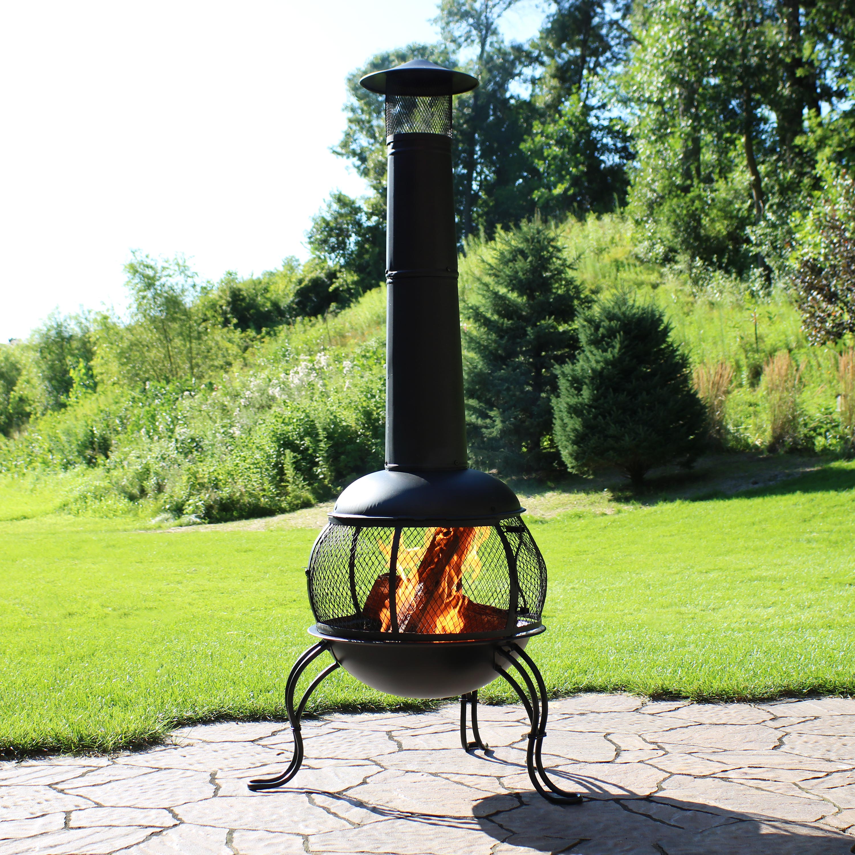  Sunnydaze Decor Backyard Patio Steel Wood-Burning Fire Pit Chiminea with Rain Cap and Mesh Sides - 66