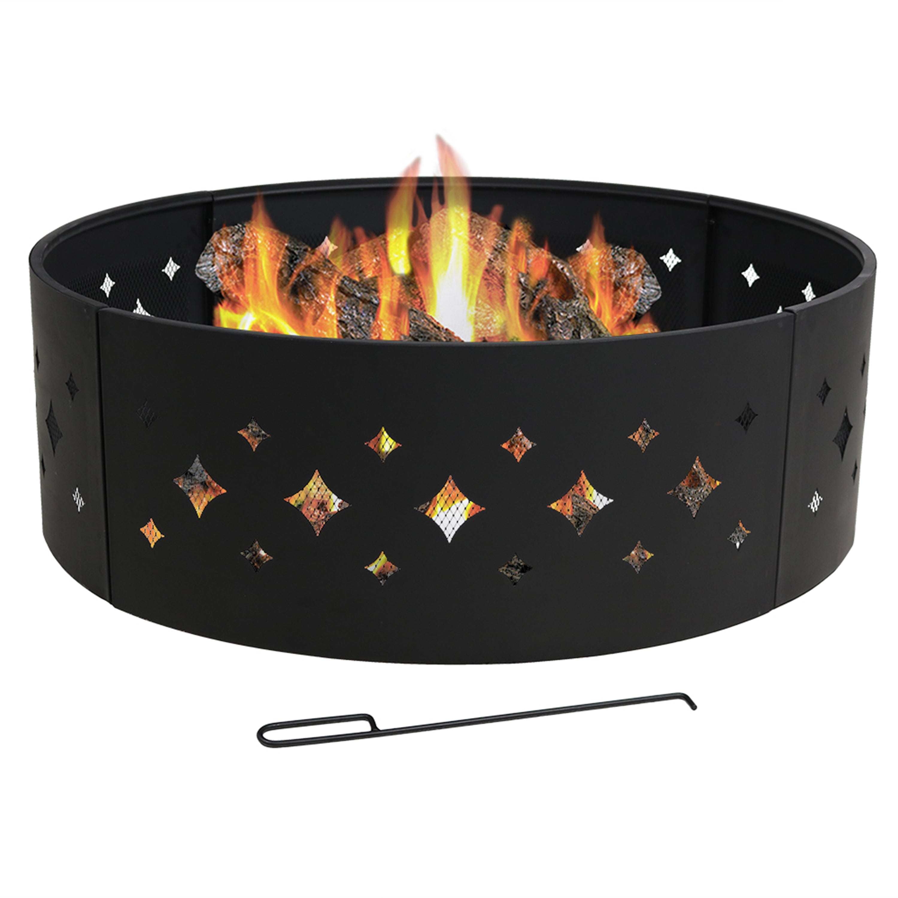  Sunnydaze Decor Heavy-Duty Steel Portable Large Round Diamond Cut Out Fire Pit Ring with Log Poker - 36