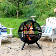 Portable Camping or Backyard Flaming Sphere Ball Fire Pit with Built-In Spark Screen - 30" - Black