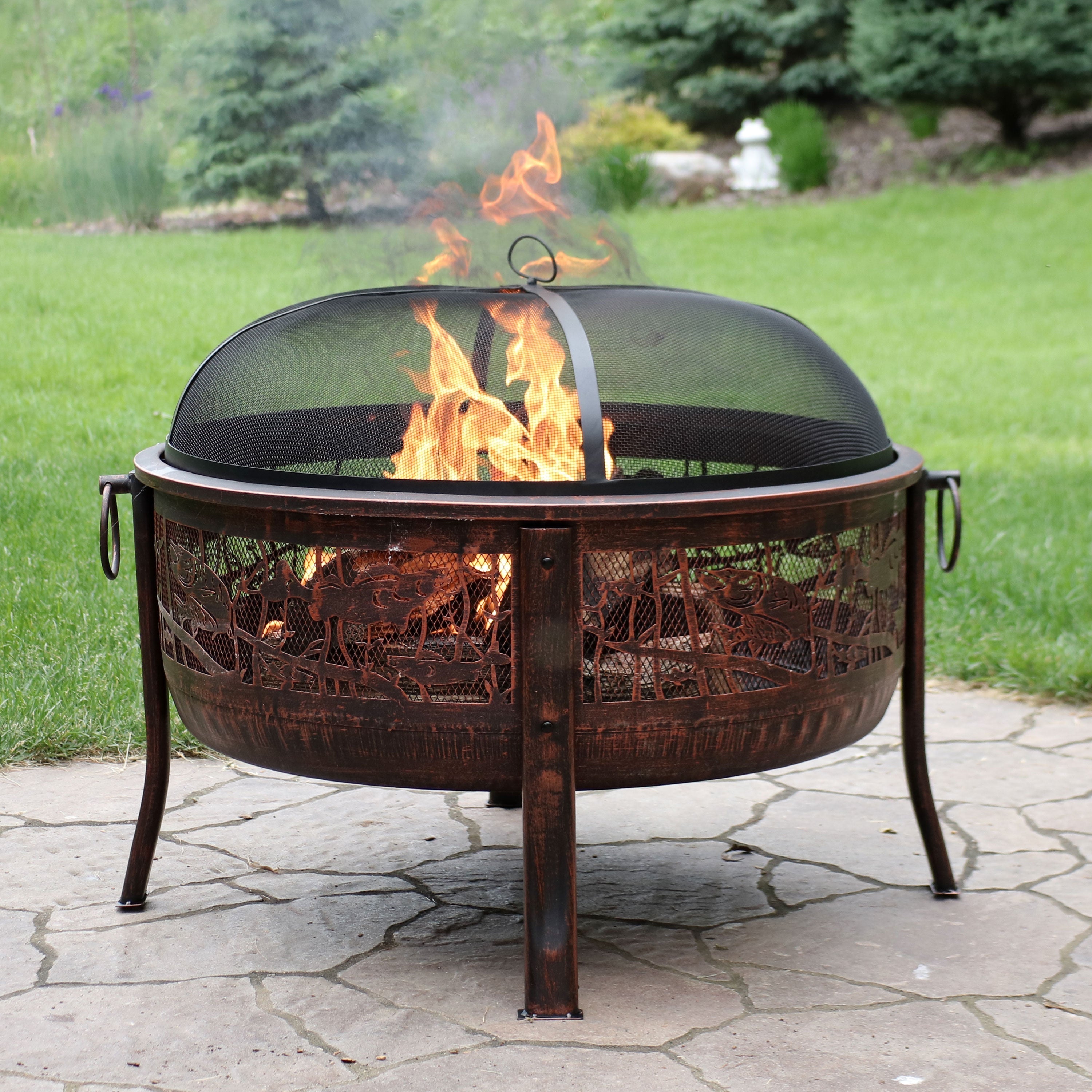  Sunnydaze Decor Camping or Backyard Steel Northwoods Fishing Fire Pit with Spark Screen - 30