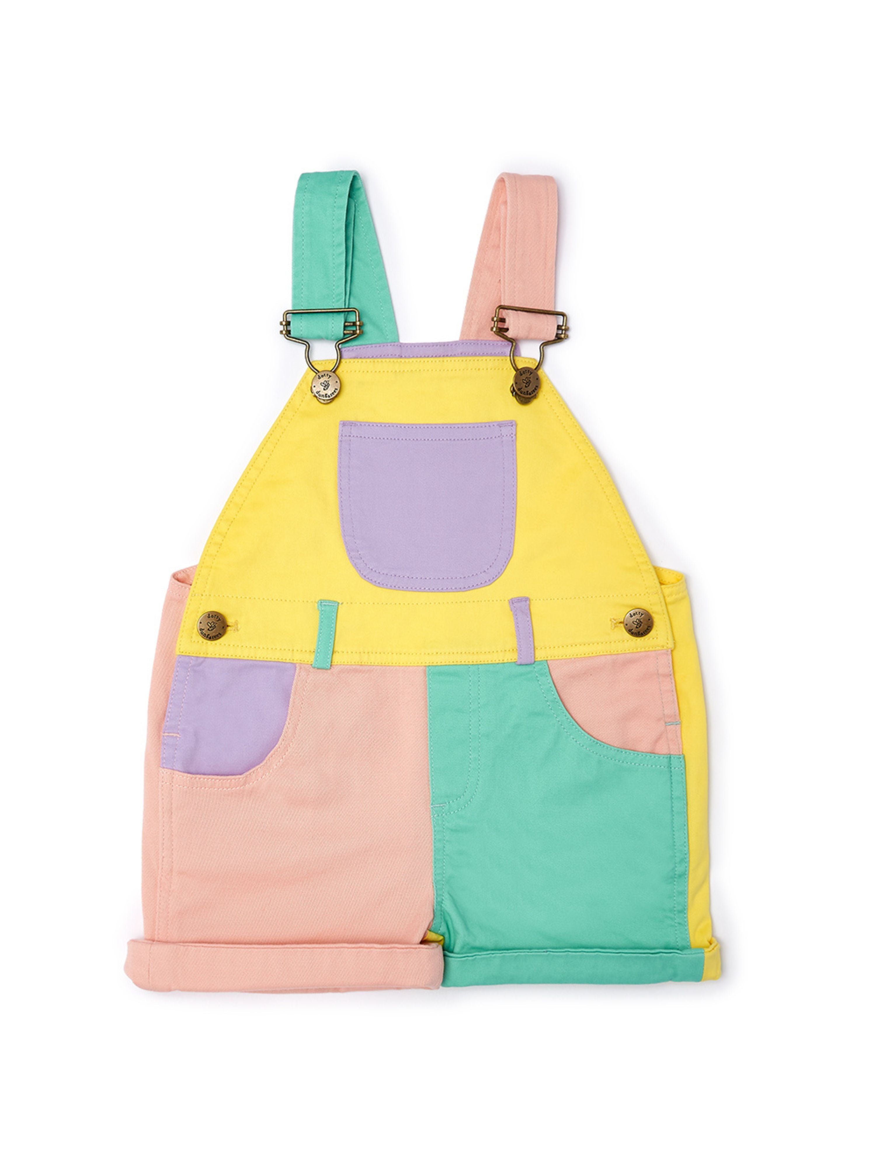  Dotty Dungarees Colourblock Summer Denim Overall Shorts - Pastel/Multi - Bonton