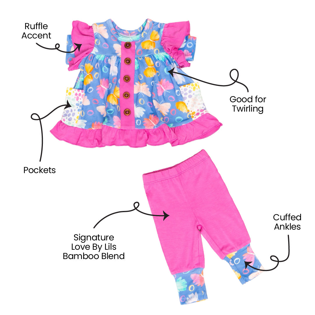  Laree + Co. Korrie Butterflies Bamboo Short Sleeve Peplum + Legging Set - 0_3M - Bonton