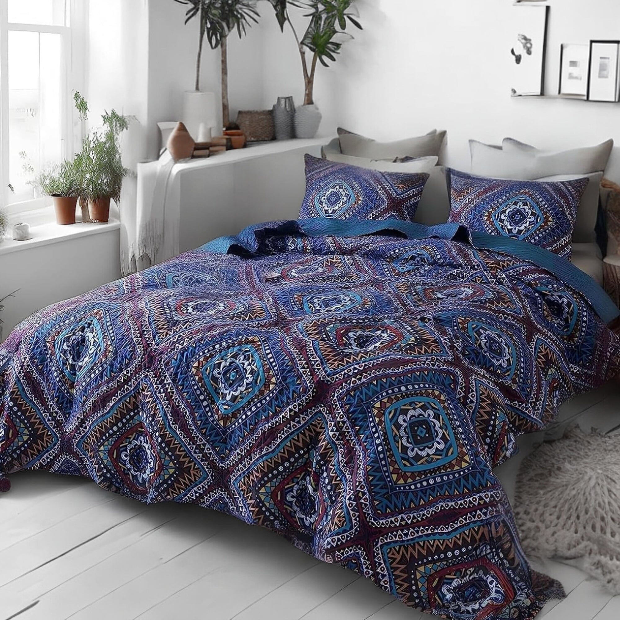  DaDa Bedding Collection DaDa Bedding Farmhouse Bohemian Native Rustic Navy Blue Geometric Diamond Shapes Bedspread Set (KSX-001) by DaDa Bedding Collection - Twin - Bonton