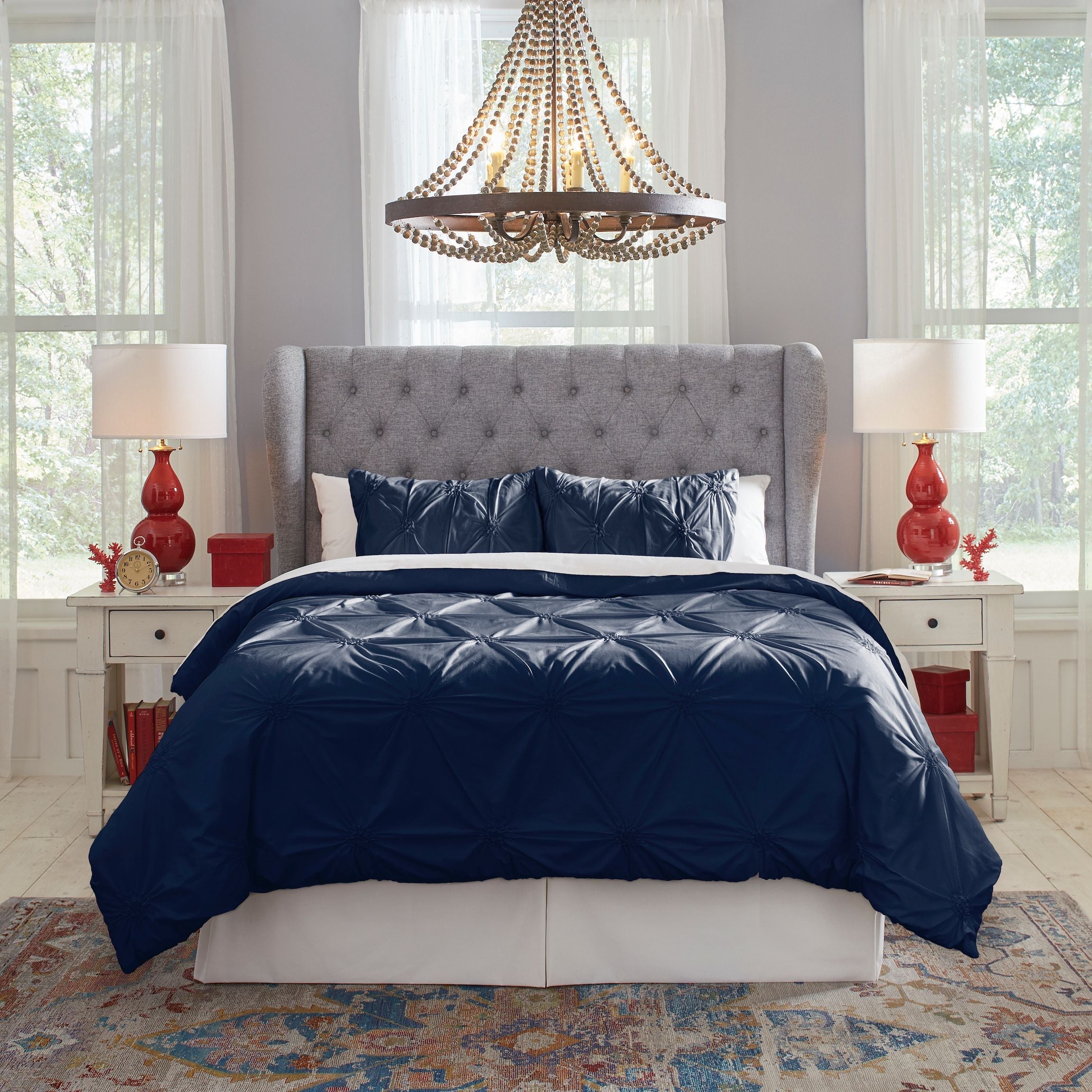  Pointehaven Pintuck Luxury Knotted Duvet Sets - Navy - Bonton