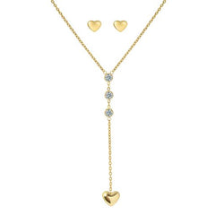 Three-CZ Stoned Heart Necklace & Heart Stud Earrings Set