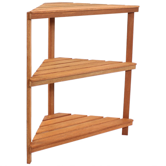 Meranti Wood with Teak Oil Finish 3-Tiered Corner Flower Plant Stand Shelf Display - 36" - Brown