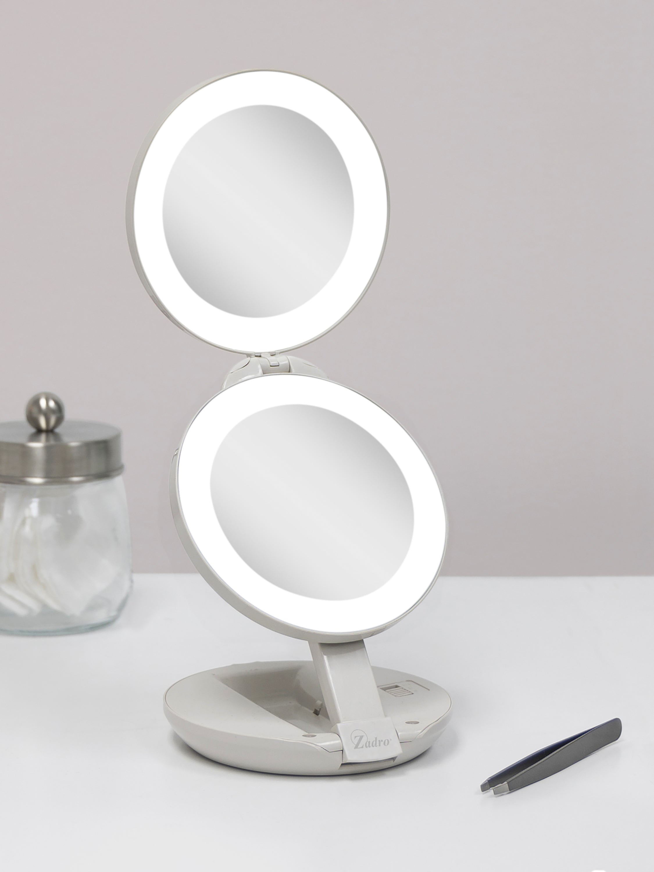  Zadro Lighted Travel Mirror with 10X/1X Magnification & Folding-to-Compact - Taupe - Bonton