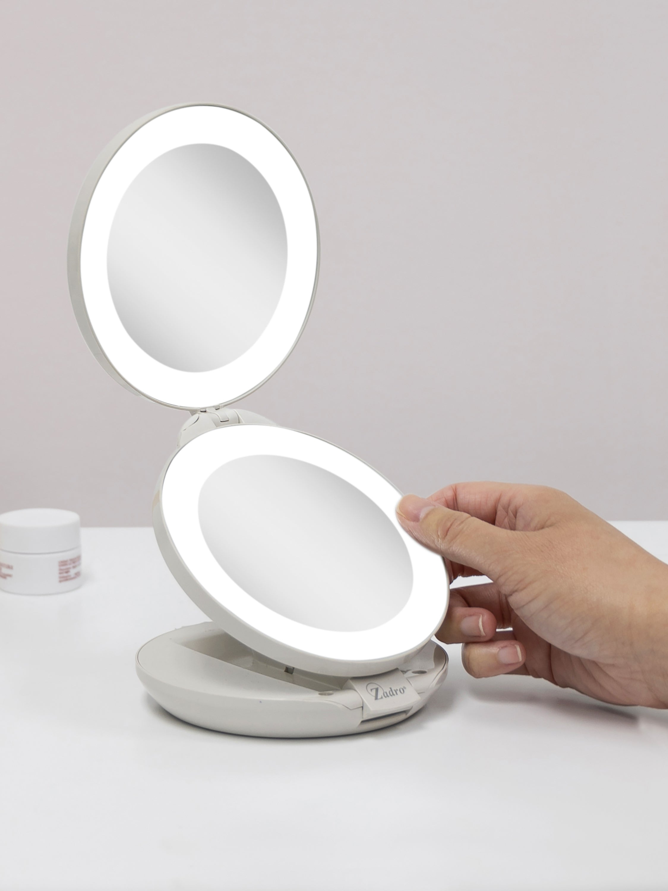  Zadro Lighted Travel Mirror with 10X/1X Magnification & Folding-to-Compact - Taupe - Bonton