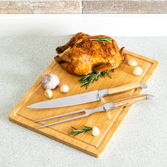 2 Piece Connoisseur Laguiole Olive Wood Carving Knife and Fork and Bamboo Cutting Board With Moat