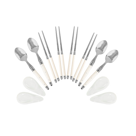 Faux Ivory Chopsticks, Laguiole Spoons and Ceramic Rests, Set of 4 Pairs