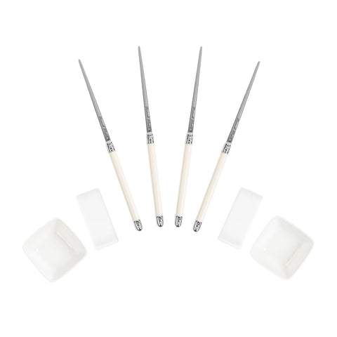 Chopsticks With Faux Ivory Handles, Ceramic Rests and Sauce Bowls, Set of 2 Pairs