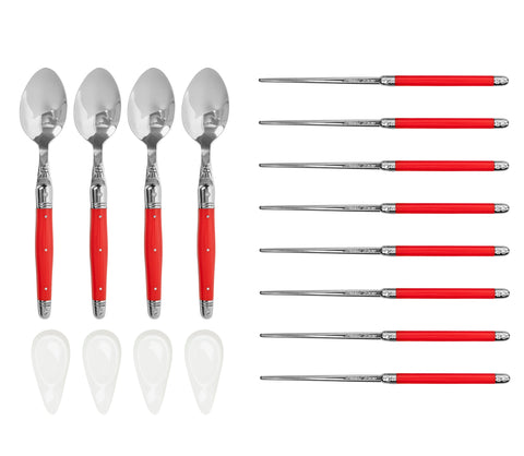 French Home Red Chopsticks, Laguiole Spoons and Ceramic Rests, Set of 4 Pairs