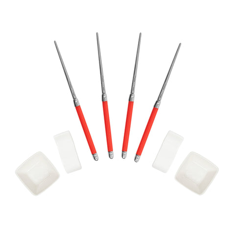 French Home Chopsticks With Red Handles, Ceramic Rests and Sauce Bowls, Set of 2 Pairs