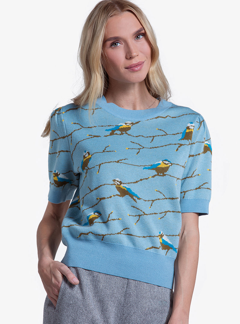  LOULOU DAMOUR LES OISEAUX- Short Sleeve Crew Knit Top - XS/S - Bonton