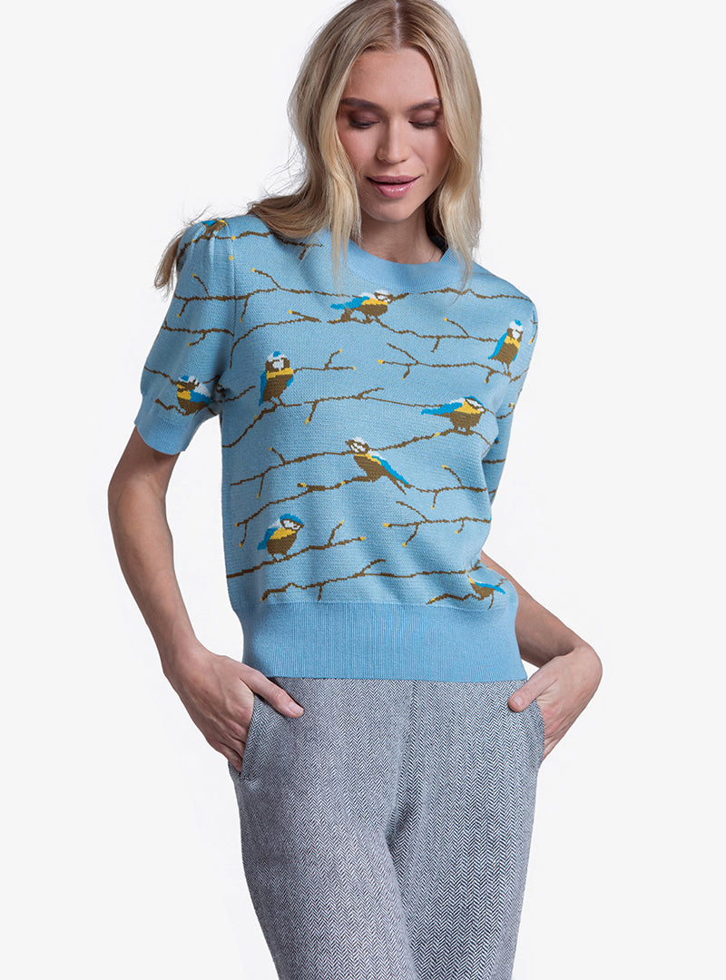  LOULOU DAMOUR LES OISEAUX- Short Sleeve Crew Knit Top - XS/S - Bonton