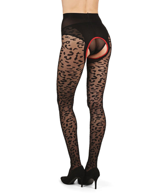 Women's Born To Be Wild Leopard Crotchless Sheer Pantyhose Black-Red