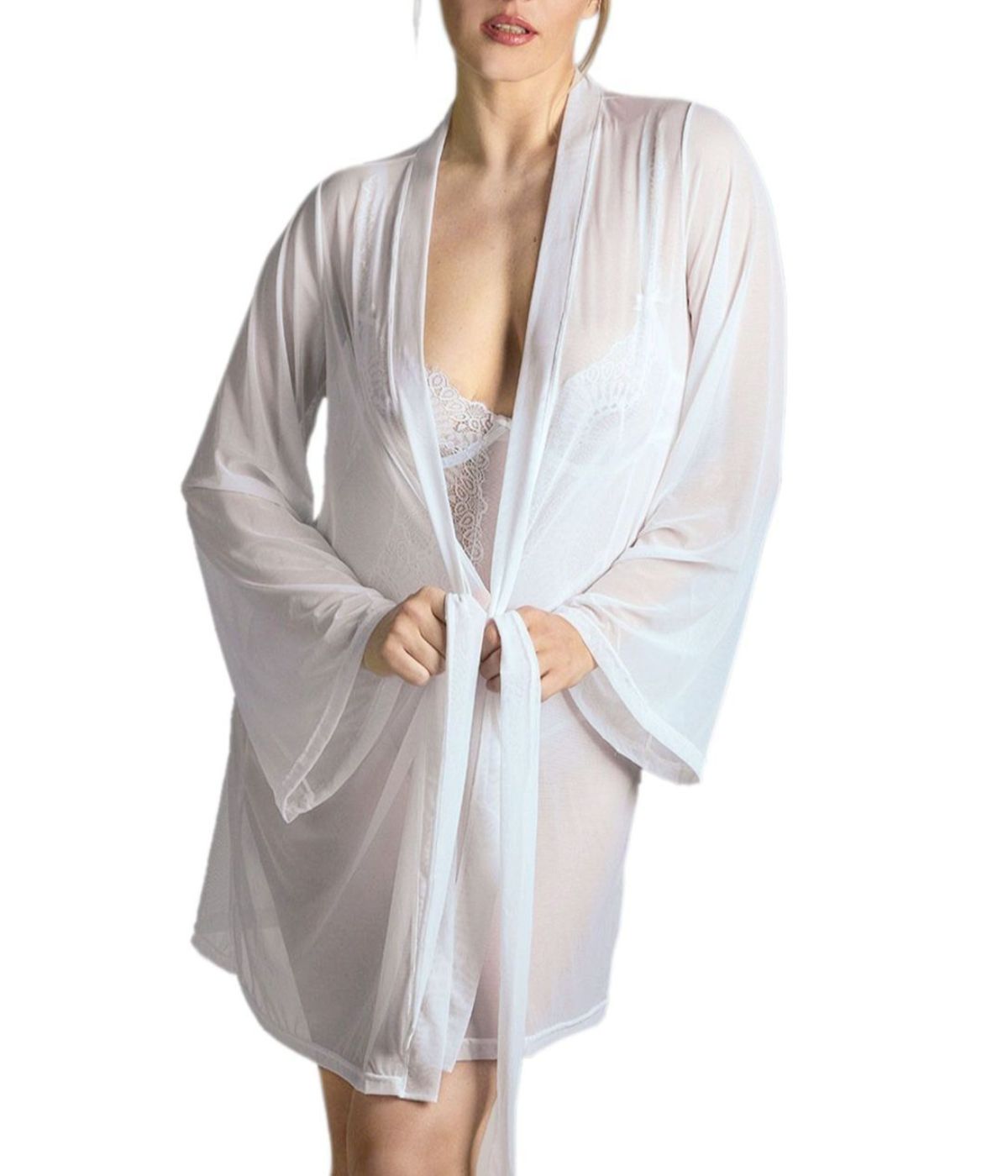Women's Mesh Charlotte Robe with Kimono-Style Sleeves White