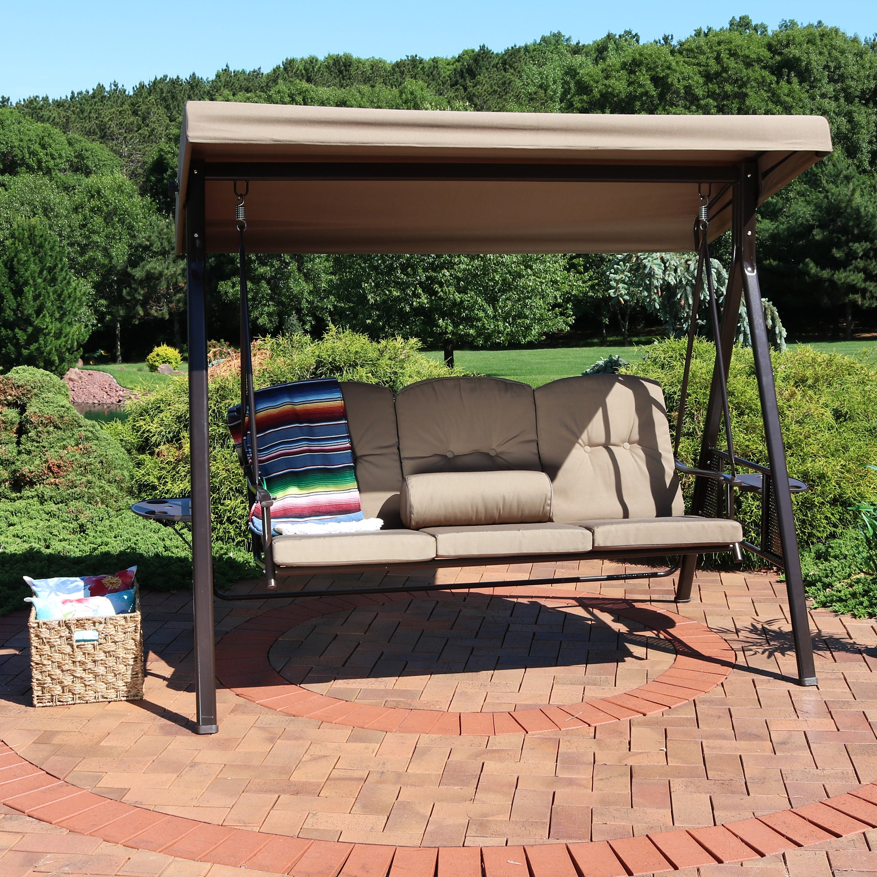  Sunnydaze Decor 3-Person Patio Swing with Adjustable Canopy and Cushions - Brown - Bonton