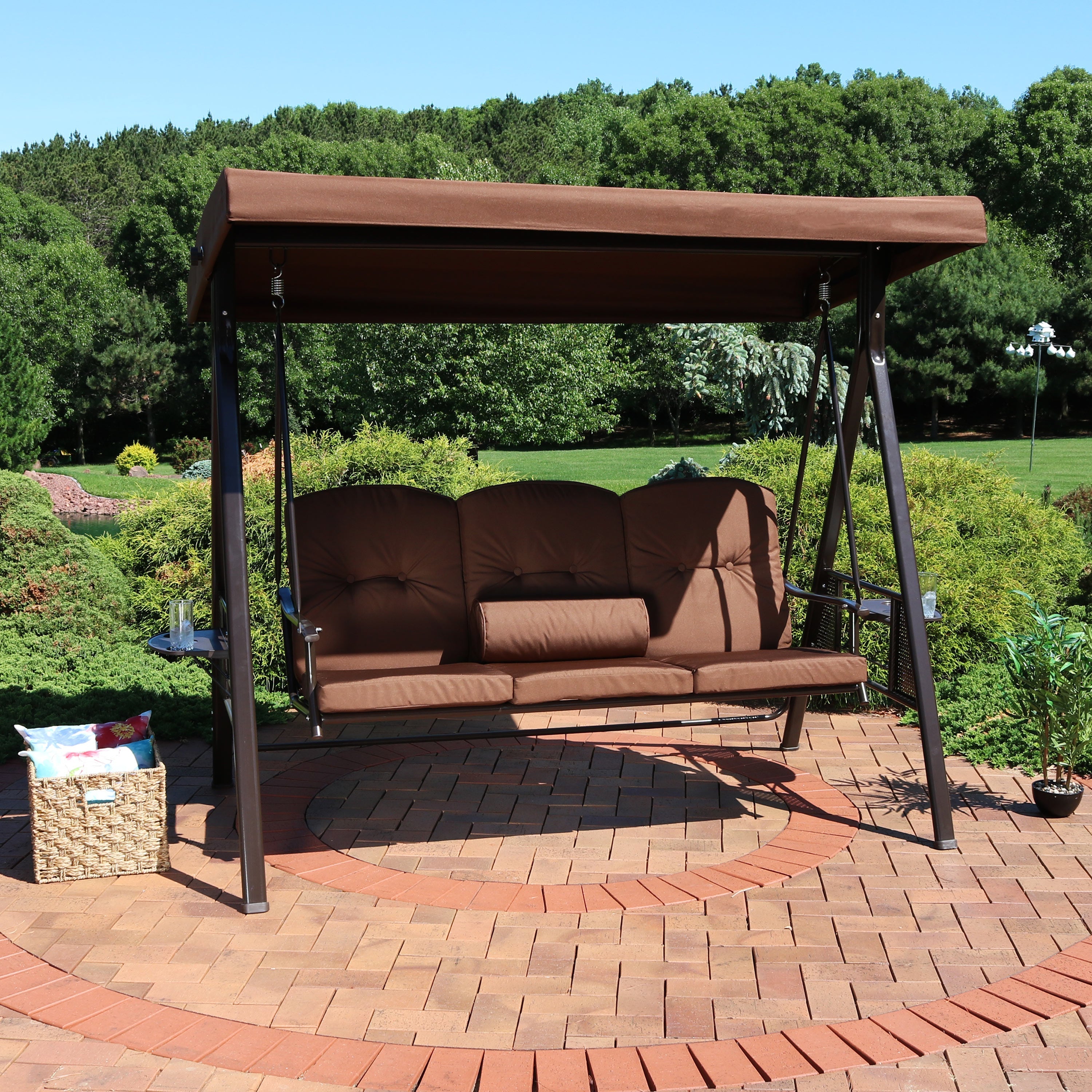  Sunnydaze Decor 3-Person Patio Swing with Adjustable Canopy and Cushions - Brown - Bonton