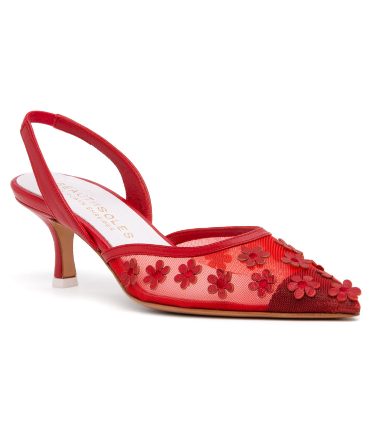 LULU Mesh Kitten Heel Ladies Sandals RED