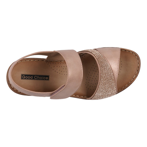 Women's Lux Blush Embellished Velcro Wedge Sandals