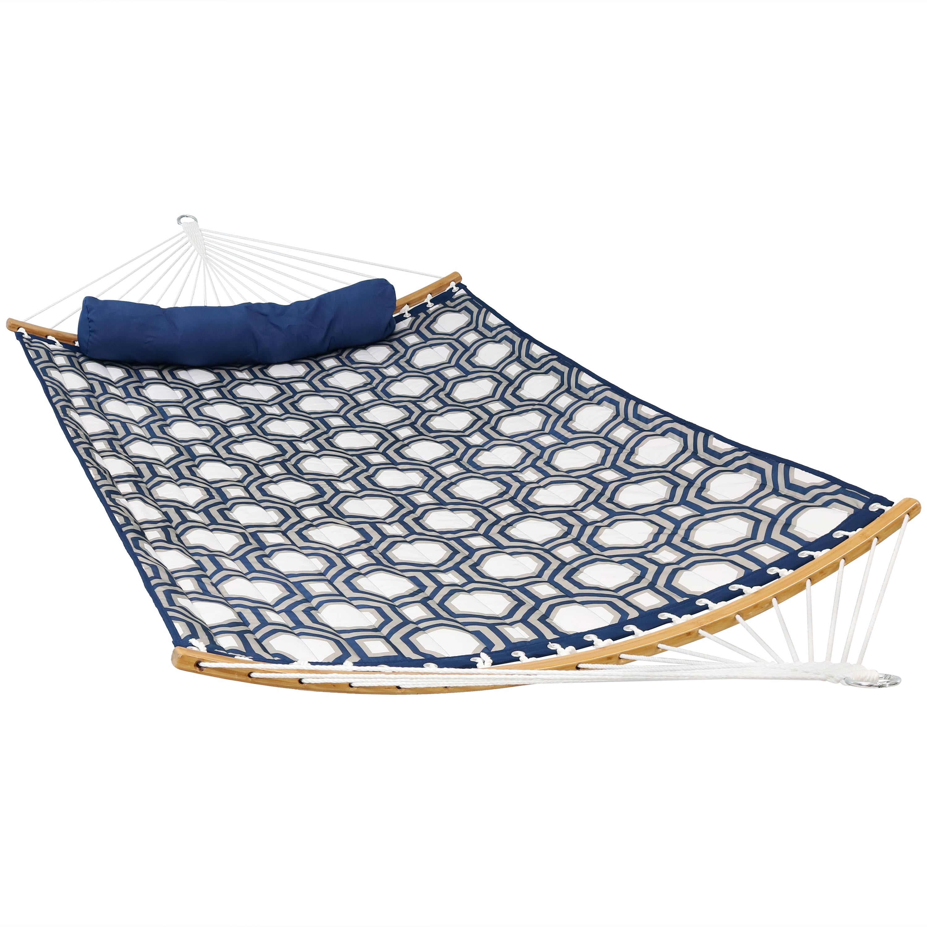  Sunnydaze Decor Heavy-Duty Quilted 2-Person Hammock with Curved Bamboo Spreader Bars - 450 lb Weight Capacity - Navy & Gray - Bonton