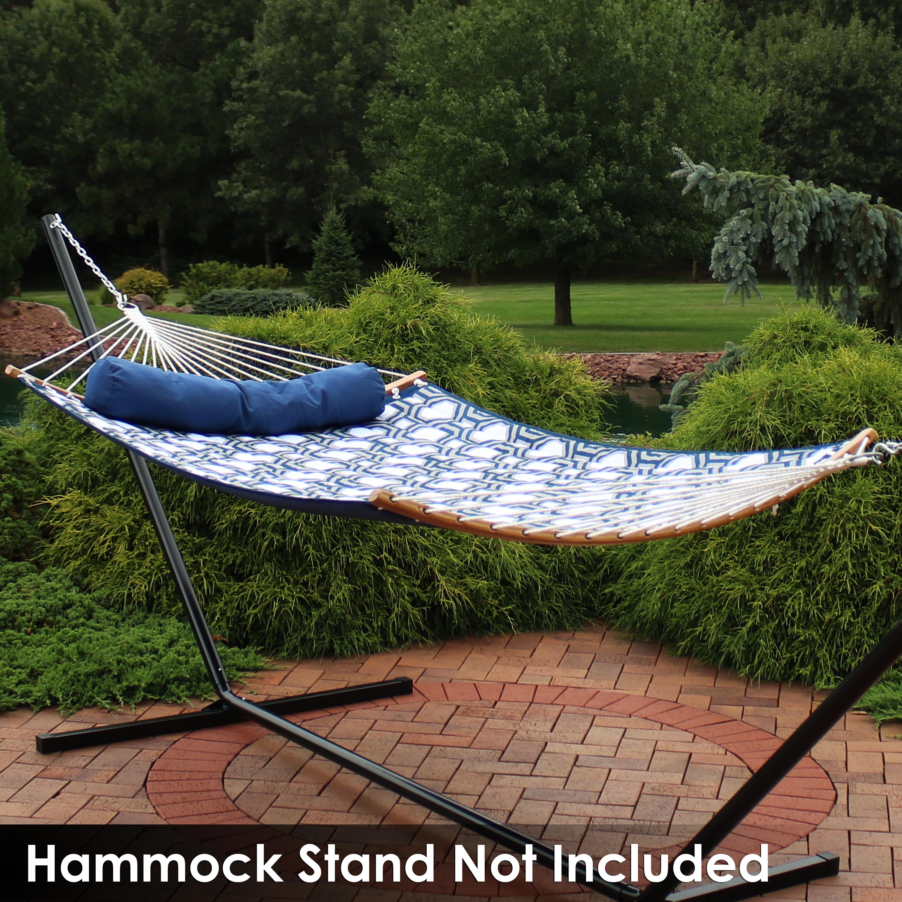  Sunnydaze Decor Heavy-Duty Quilted 2-Person Hammock with Curved Bamboo Spreader Bars - 450 lb Weight Capacity - Navy & Gray - Bonton