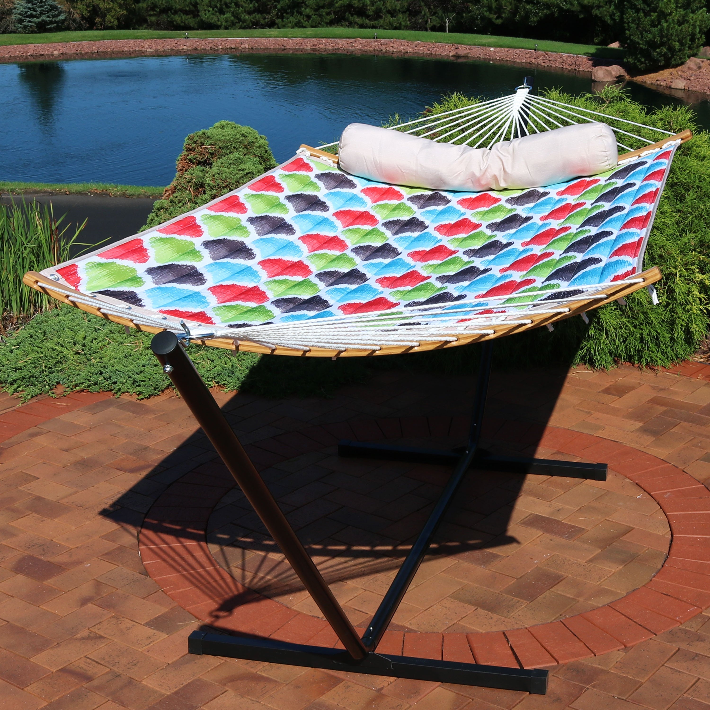  Sunnydaze Decor Heavy-Duty Quilted 2-Person Hammock with Curved Bamboo Spreader Bars - 450 lb Weight Capacity - Vivid Multi-Color - Bonton