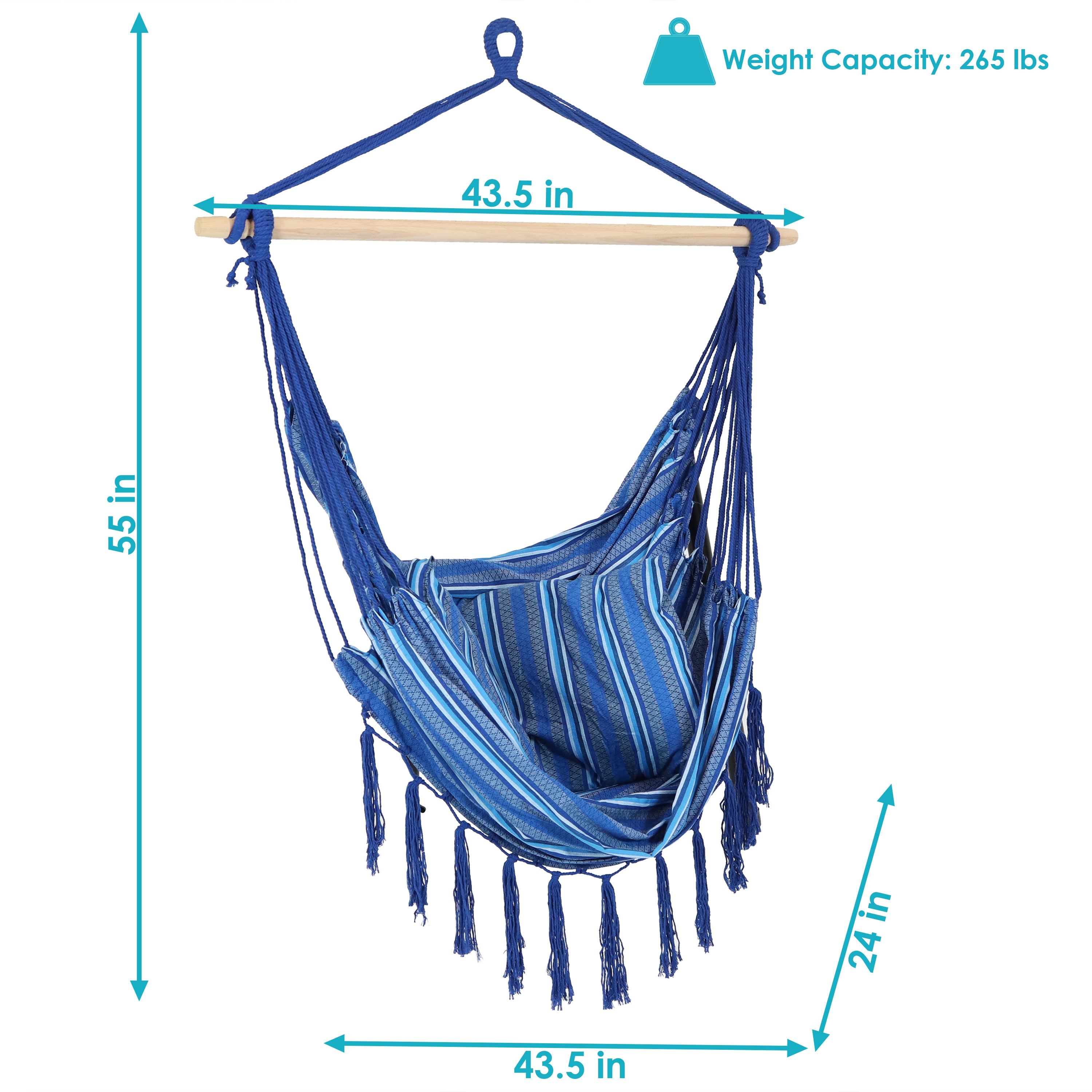  Sunnydaze Decor Double Cushion Hanging Rope Hammock Chair Swing - 265 lb Weight Capacity - Cornflower Stripes - Blue - Bonton